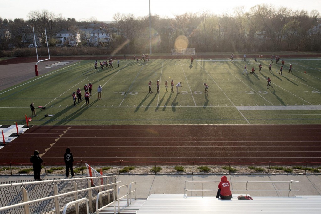 The Boston Renegades run warmup drills while waiting for the Central Maryland Seahawks to show up for their first game of the season at Dilboy Stadium, April 19, 2015. (Wicked Local Staff Photo/ Sam Goresh) 