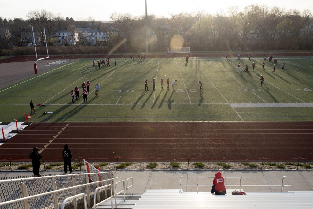 The Boston Renegades run warmup drills while waiting for the Central Maryland Seahawks to show up for their first game of the season at Dilboy Stadium, April 19, 2015. (Wicked Local Staff Photo/ Sam Goresh)