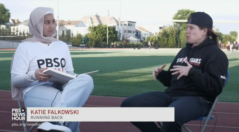 Sarah Youssef interviews Boston Renegades running back Katie Falkowski for PBS Newshour.
